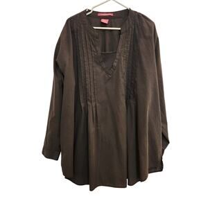 Woman Within Brown Long Sleeve V-Neck Pintuck Tunic Blouse Casual Top Size 3X